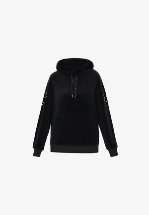 Czarna welurowa bluza z kapturem z przestronną kieszenią z przodu, kapturem i długimi rękawami. Posiada ozdobne ćwieki na rękawach oraz ściągacz na dole.