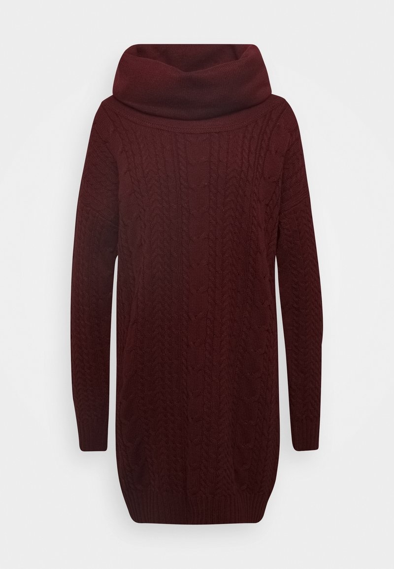 Robe tricotée bordeaux avec un col drapé, présentant un motif en câble texturé et des manches longues, s'affinant au niveau de l'ourlet.