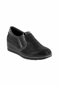 Scarpe nere slip-on con un motivo texturizzato, realizzate in materiale sintetico, caratterizzate da una suola a zeppa e pannelli elastici laterali per una facile calzata.