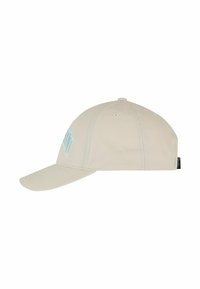 Beige baseball cap made of cotton. Features a curved brim, six panels, and a stitched logo accent in light blue on the front.