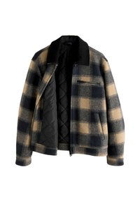 Rudejakke i nuancer af beige og marineblå. Lavet af uld, med en sort krave og kviltet sort foer. Lynlås lukning og sidelommer.