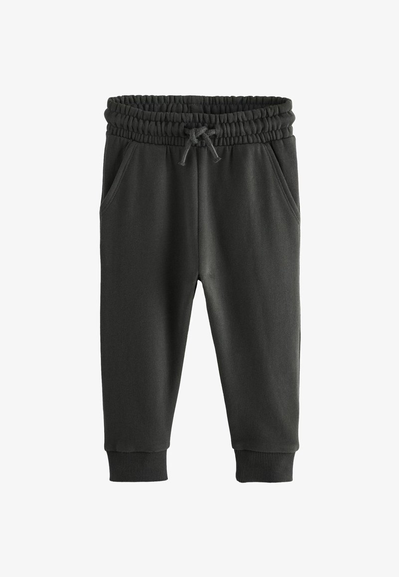 Sötét szürke melegítőnadrág, puha anyagból, rugalmas derékkal, zsinórral, oldalzsebbel és bordás mandzsettával.