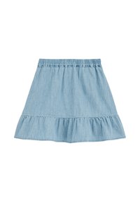 Hellblaues Denim-Rock mit Rüschensaum, ausgestattet mit einem elastischen Bund und einer ausgestellten Form, texturiert mit einer glatten Oberfläche.