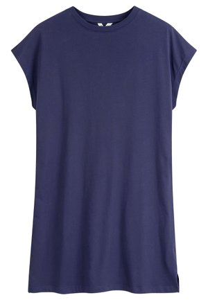 Navyblauwe korte mouw casual jurk met ronde halslijn en losse pasvorm, afgebeeld tegen een witte achtergrond.