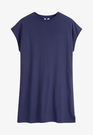 Navyblauwe korte mouw casual jurk met ronde halslijn en losse pasvorm, afgebeeld tegen een witte achtergrond.