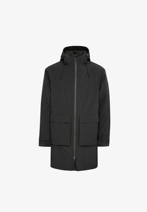 Black waterproof jacket with a zippered front, drawstring hood, and two large front pockets. Features a relaxed fit and smooth texture.