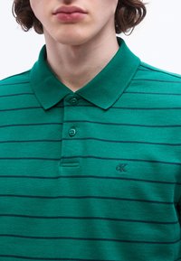 Jeune personne portant un polo rayé vert avec des boutons et un petit logo "cK" sur la poitrine, visible du cou au milieu du torse.