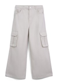 Pantalons cargo beiges à jambes larges, avec deux poches latérales et deux poches cargo. Fabriqués en tissu durable avec une texture lisse.