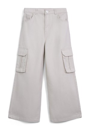 Pantaloni cargo beige con gambe larghe, due tasche laterali e due tasche cargo. Realizzati in tessuto resistente con una consistenza liscia.