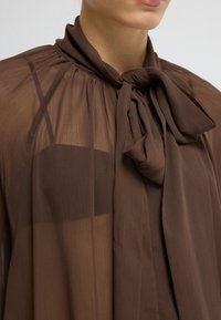 Frau trägt eine transparente braune Bluse mit großer Schleife am Kragen und sichtbarem dunkelbraunem Unterhemd darunter.