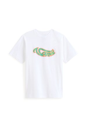 Camiseta blanca de manga corta con un logo estilizado de Vans en verde y naranja centrado en el frente.