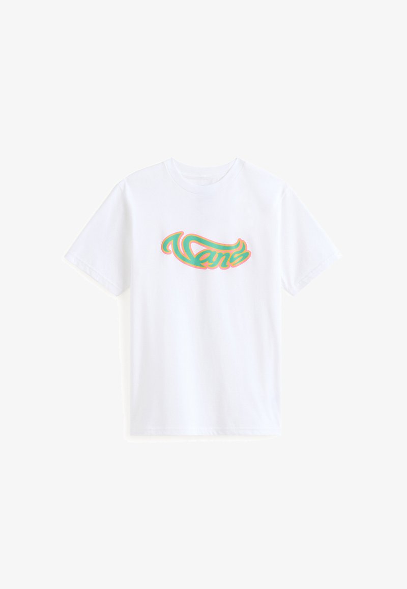 T-shirt blanc à manches courtes avec un logo Vans stylisé vert et orange centré sur le devant.