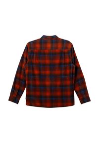 Rød og sort ternet flannel skjorte med blå detaljer, lange ærmer, krave, to baglommer og en tekstureret overflade.