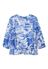 Blaue und weiße gemusterte Bluse mit V-Ausschnitt, dreiviertellangen Ärmeln, durchgehender Knopfleiste und gebundenem Detail an der Taille. Strukturierter Stoff.
