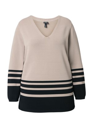 Béžový svetr s výstřihem do V a dlouhými rukávy, s horizontálními černými pruhy na lemu a manžetách. Měkká pletená látka s volným střihem.