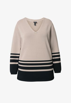 Maglione beige con scollo a V e maniche lunghe, caratterizzato da strisce nere orizzontali sull'orlo e sui polsini. Tessuto in maglia morbida con vestibilità comoda.
