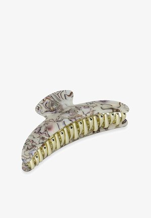 Clip per capelli a forma di artiglio realizzato in plastica marmorizzata beige e viola, con dettagli in metallo dorato e grandi denti interconnessi.