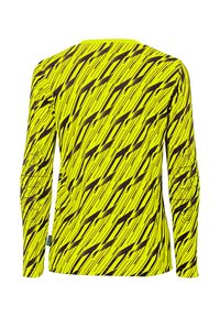 Chemise à manches longues de couleur jaune vif, ornée de larges rayures noires diagonales et d'un motif abstrait. Fabriquée en tissu léger et extensible.