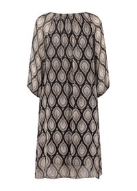 Schwarz tunika kleid mit einem blattmuster in beige, mit lockerem schnitt, fledermausärmeln und gerafftem ausschnitt. Hergestellt aus leichtem stoff.