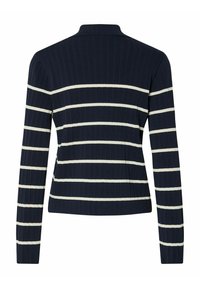 Marinblå randig långärmad tröja med vita horisontella ränder, med krage och textilstruktur.