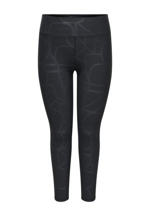 Black high-waisted leggings with subtle abstract geometric patterns and full-length close-fitting legs.