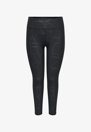 Schwarze Leggings mit hoher Taille, dezenten abstrakten geometrischen Mustern und eng anliegenden, ganzflächigen Beinen.