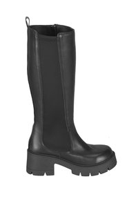 Schwarze kniehohe Stiefel aus einer Kombination von Leder und elastischem Material, mit profiliertem Gummisohle und einer Zugschlaufe hinten für einfaches Anziehen.