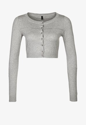 Cárdigan gris cropped con mangas largas, escote redondo y cierre de botones. Tejido texturizado con detalles de costura debajo del escote.