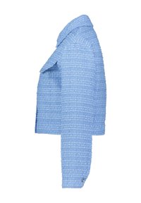 Lichtblauwe textuur blazer met een cropped ontwerp, inkeping kraag en knoopdetail bij de manchetten. Tailored fit met horizontale strepen.