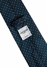 Donkerblauwe stropdas met witte stippen, gemaakt van gestructureerde stof. Bevat een label met "John Henric" en "Made in Italy" details.