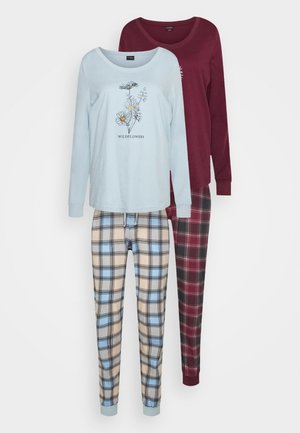 Two sets of loungewear: a light blue long-sleeve top with floral print and a maroon top. Paired with beige and blue checked pants, and dark plaid pants.