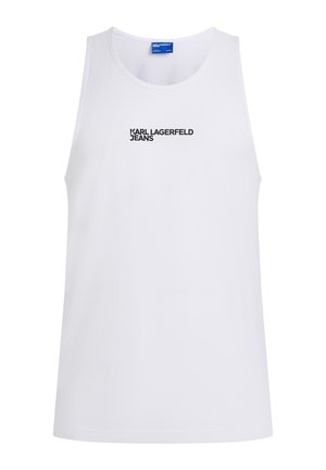 Biele tielko bez rukávov s nápisom "KARL LAGERFELD JEANS" vytlačeným čiernou farbou uprostred na hrudi.