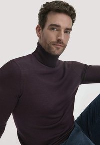 Pullover mit Rollkragen in einem tiefen Lila, aus weichem Material gefertigt. Taillierter Schnitt mit geripptem Kragen und langen Ärmeln. Subtile Texturdetails sind sichtbar.
