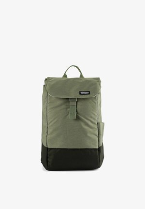 Green fabric backpack with a flap closure, adjustable straps, top handle, and a side pocket, featuring a darker bottom section.