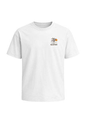 White t-shirt with short sleeves featuring a small design of a palm tree and orange sun with the word "Neverless" on the chest.