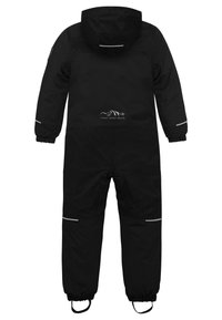 Schwarzer wasserdichter Einteiler mit Kapuze, elastischen Bündchen, reflektierenden Akzenten und einem Bergmotiv, entworfen für Outdoor-Aktivitäten.