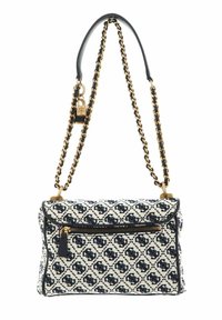 Kabelka s černobílým vzorem a tkanou texturou, zlatými kovovými doplňky a odnímatelným řetězovým popruhem. Disponuje zipovou přední kapsou.