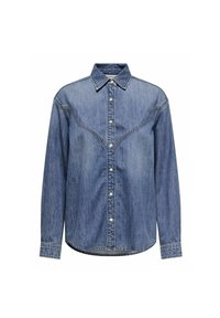 Camicia di jeans blu con colletto a punta, chiusura anteriore con bottoni a pressione, e design della yoke in stile western, con maniche lunghe e orlo curvo.