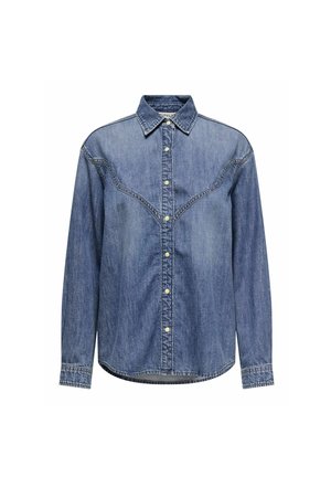 Denim košulja u plavoj boji ima oštri ovratnik, prednji dio s dugmadi na pritisak i dizajn jastučića u zapadnjačkom stilu sa dugim rukavima i zakrivljenim rubom.