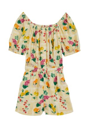 Krótki żółty kombinezon z opuszczanymi ramionami, elastycznym pasem, zapięciem na guziki z przodu, bufkami na rękawach i wielokolorowymi wzorami owoców oraz kwiatów.