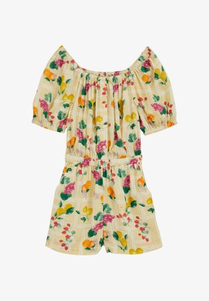Kurzer gelber Schulterfreier Einteiler mit elastischem Taillenbund, Knopfleiste, Puffärmeln und mehrfarbigen Obst- und Blumenmustern.