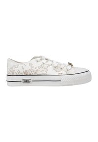 Sneakers in tela di colore bianco sporco con motivo mappa, lacci bianchi e accenti neri sulla suola e sul logo. Punta arrotondata e tacco piatto.