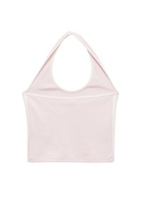 Lichtroze halter crop top met witte bies en een grote uitsnijding bij de halslijn, plat weergegeven op een witte achtergrond.