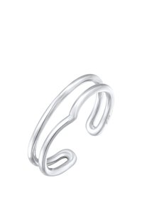 Sølv ring med et flydende, åbent design bestående af to buede bånd og en struktureret overflade, der ligner sammenkoblede sløjfer.