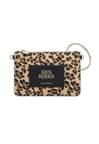 Bustina con stampa leopardata, con patch del marchio nero, dettagli in oro e un anello circolare. Realizzata in materiale strutturato con chiusura a zip.