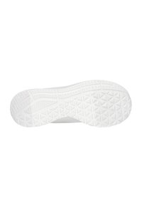 Suela de zapatilla blanca con goma texturizada, que presenta un patrón de relieve geométrico para tracción y estabilidad. Acabado liso con bordes reforzados.