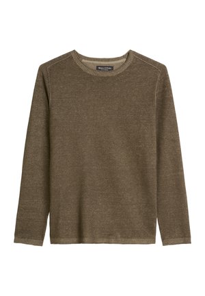 Brązowy sweter z długim rękawem i okrągłym dekoltem, z prążkowanymi ściągaczami na mankietach i dole, wykonany z miękkiego dzianego materiału, metka marki wewnątrz kołnierza.