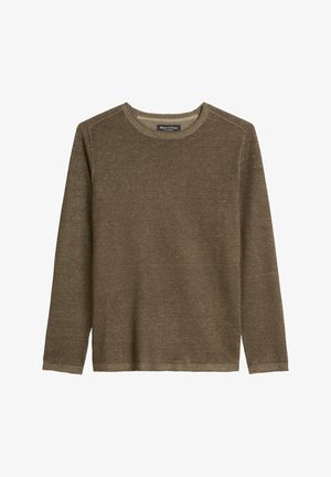 Brązowy sweter z długim rękawem i okrągłym dekoltem, z prążkowanymi ściągaczami na mankietach i dole, wykonany z miękkiego dzianego materiału, metka marki wewnątrz kołnierza.