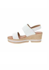 Sandali wedge bianchi con due cinturini frontali e un cinturino alla caviglia, dotati di una suola in stile espadrilla testurizzata e una finitura in pelle liscia.