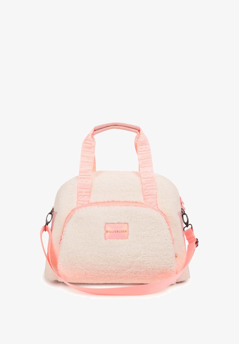 Kreminės spalvos dirbtinės odos rankinė su rožiniais akcentais, su dviem viršutiniais rankenėlėmis, nuimamu peties diržu ir priekiniais užtrauktukų kišenėmis.